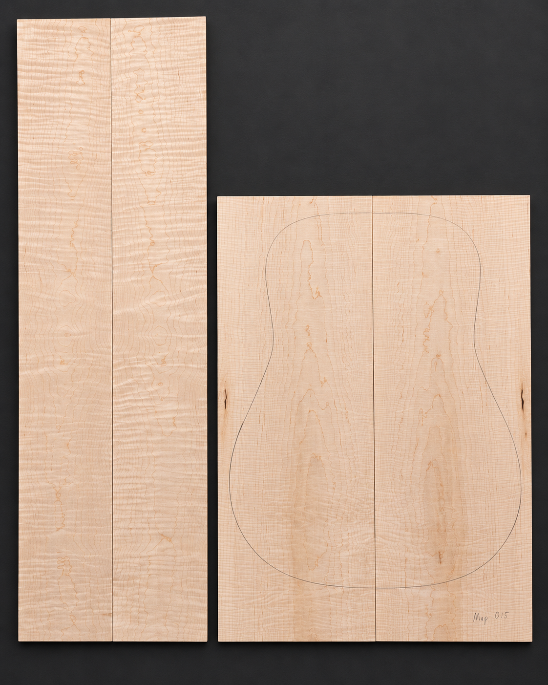 Bookmatched figured maple acoustic guitar back and side set 15