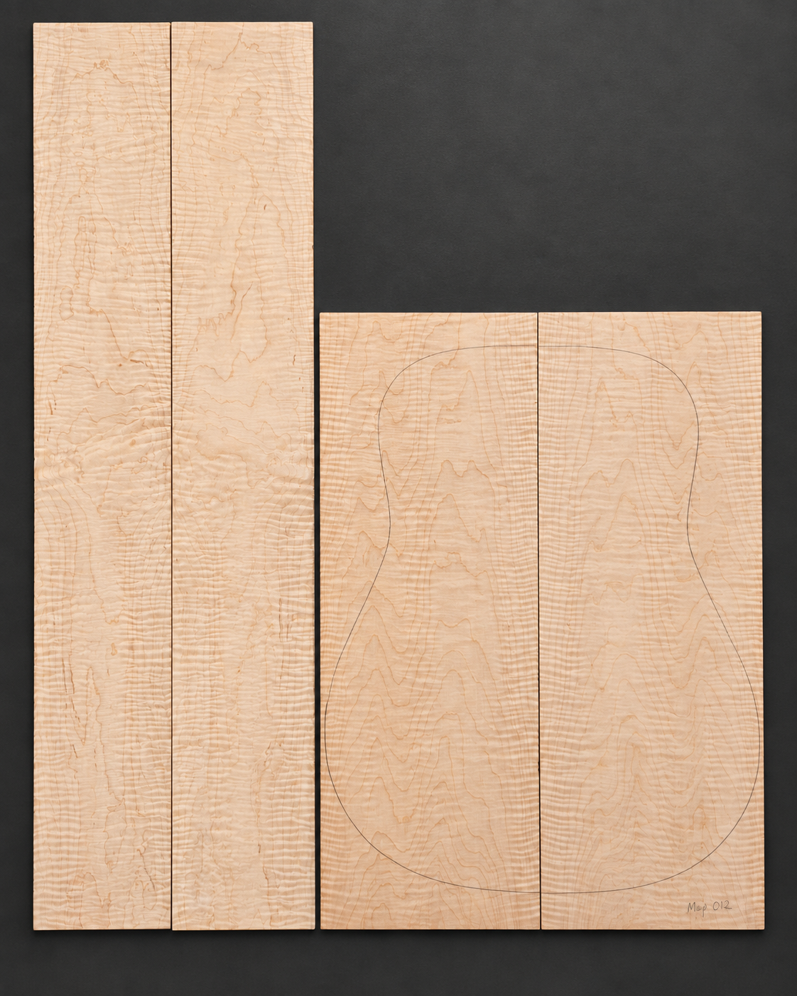 Bookmatched figured maple acoustic guitar back and side set 012
