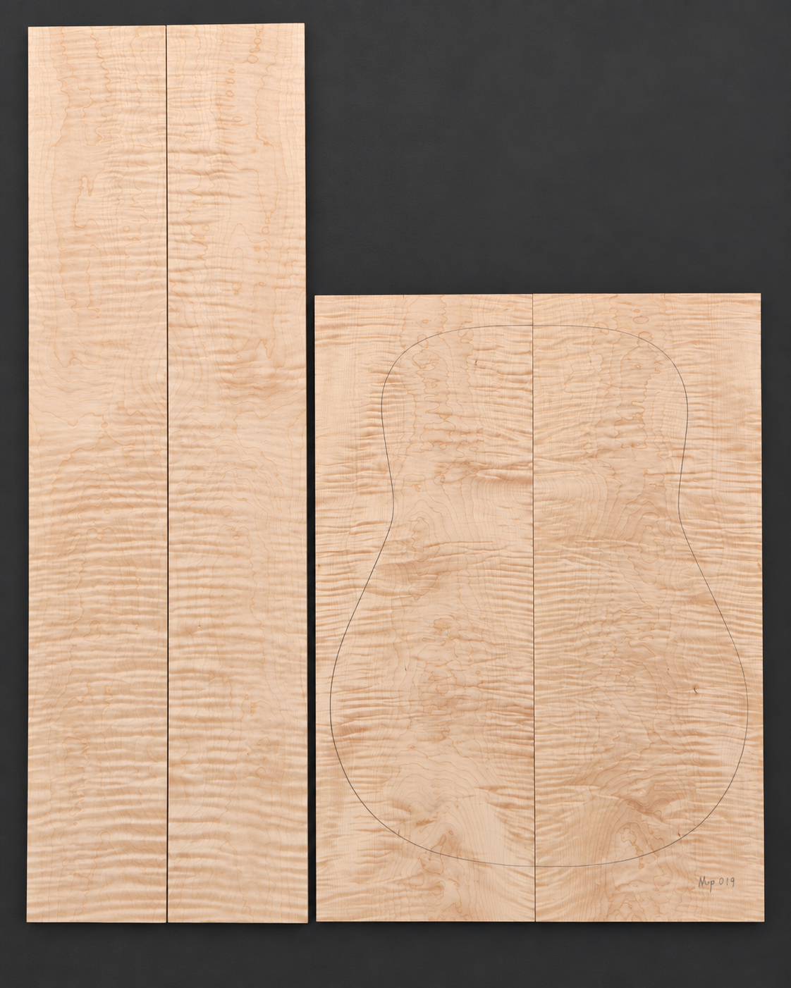 Bookmatched figured maple acoustic guitar back and side set 019