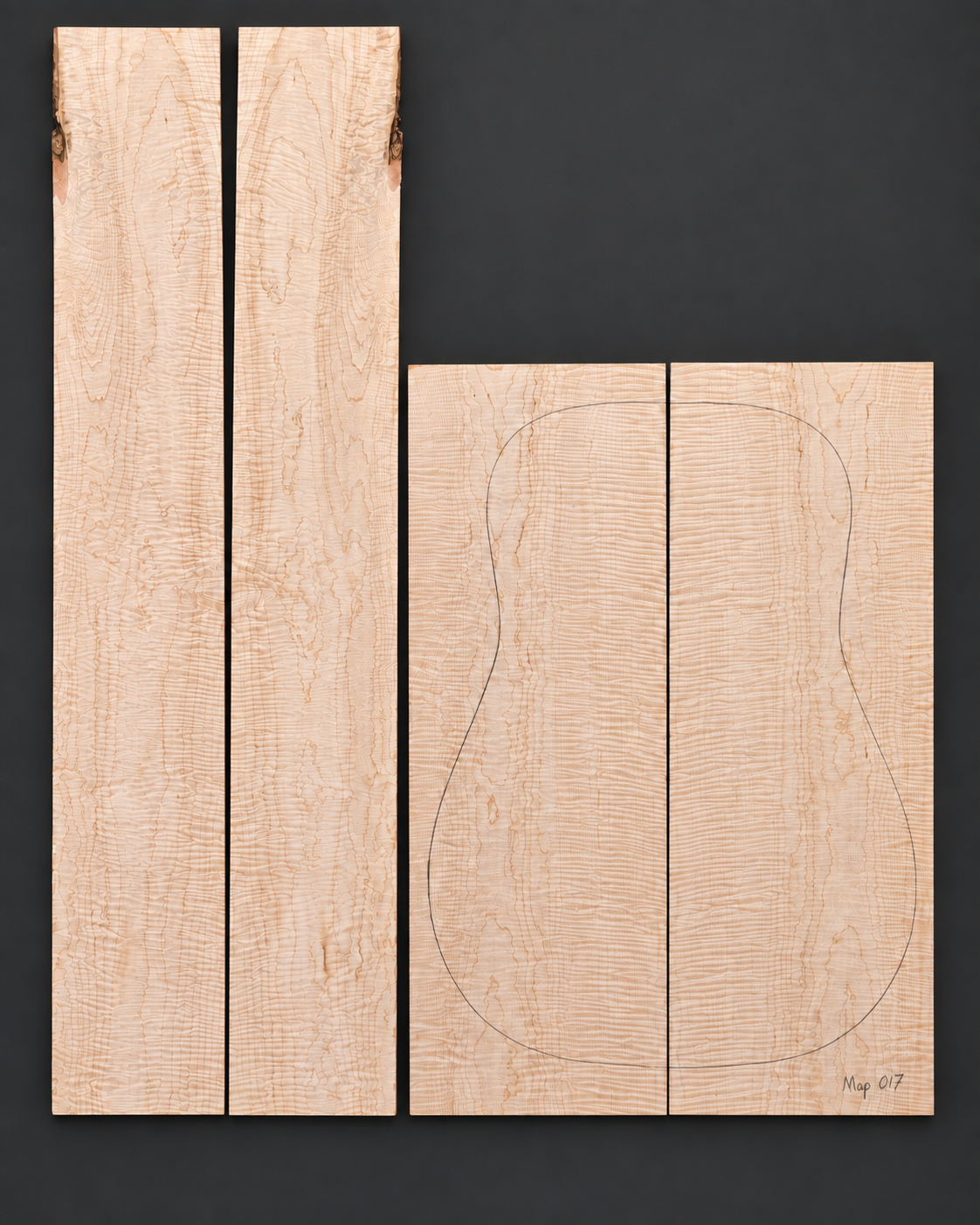 Bookmatched figured maple acoustic guitar back and side set 017