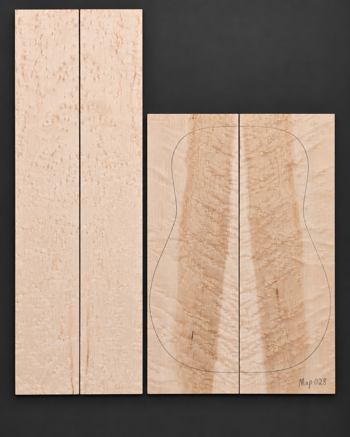 Bookmatched figured maple acoustic guitar back and side set