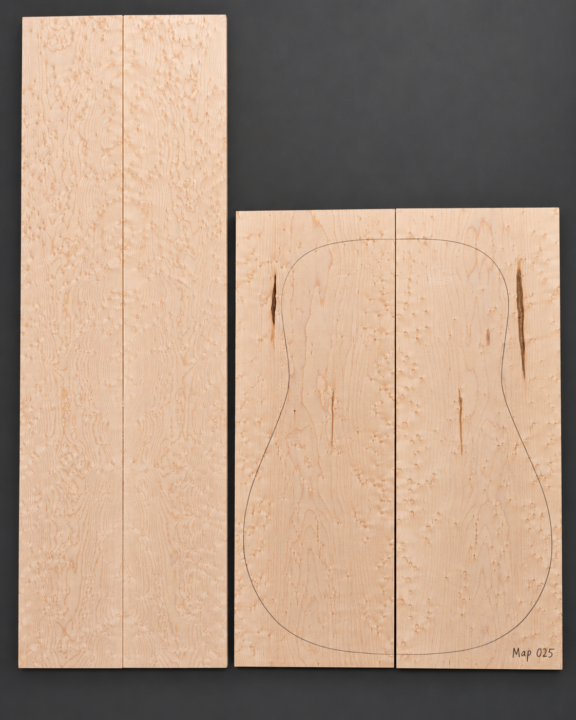 Bookmatched figured maple acoustic guitar back and side set